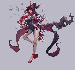 witch with wand illustration, redhead, witch, staff, hat