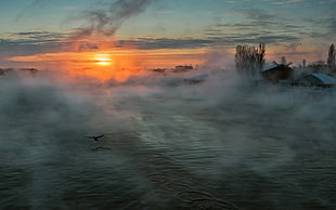 body of water with fogs at sunset