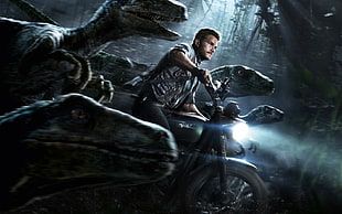 Jurassic Park character riding on motorcycle HD wallpaper
