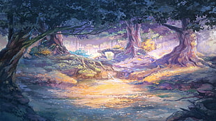 trees near body of water painting, artwork, sunlight, Everlasting Summer, forest clearing