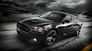 black Dodge sedan, Dodge Charger, muscle cars, car, monochrome HD wallpaper
