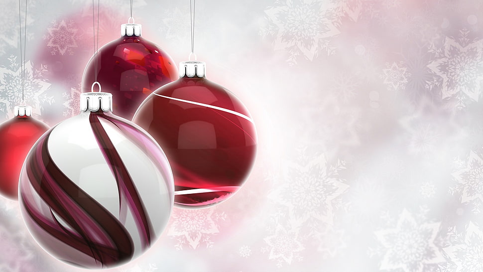 four red, white, and maroon Christmas baubles, Christmas ornaments , Christmas HD wallpaper