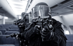 black assault rifle, police, gun, closeup, airplane HD wallpaper