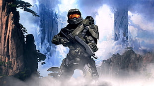man holding rifle digital artwork, Halo, Master Chief, video games