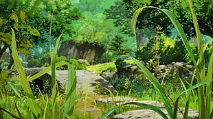 green grass, anime, artwork, forest, nature