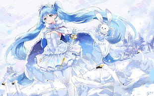 female anime character illustration, Vocaloid, Hatsune Miku, twintails, Yuki Miku
