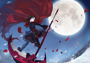 woman in black and red dress anime character under full moon digital wallpaper