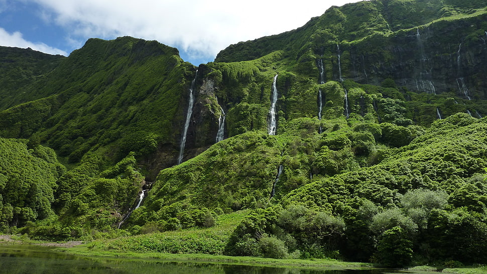 waterfalls, forest, mountains HD wallpaper