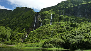 waterfalls, forest, mountains