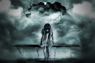 woman sitting in the bench chair with clouds in the background HD wallpaper