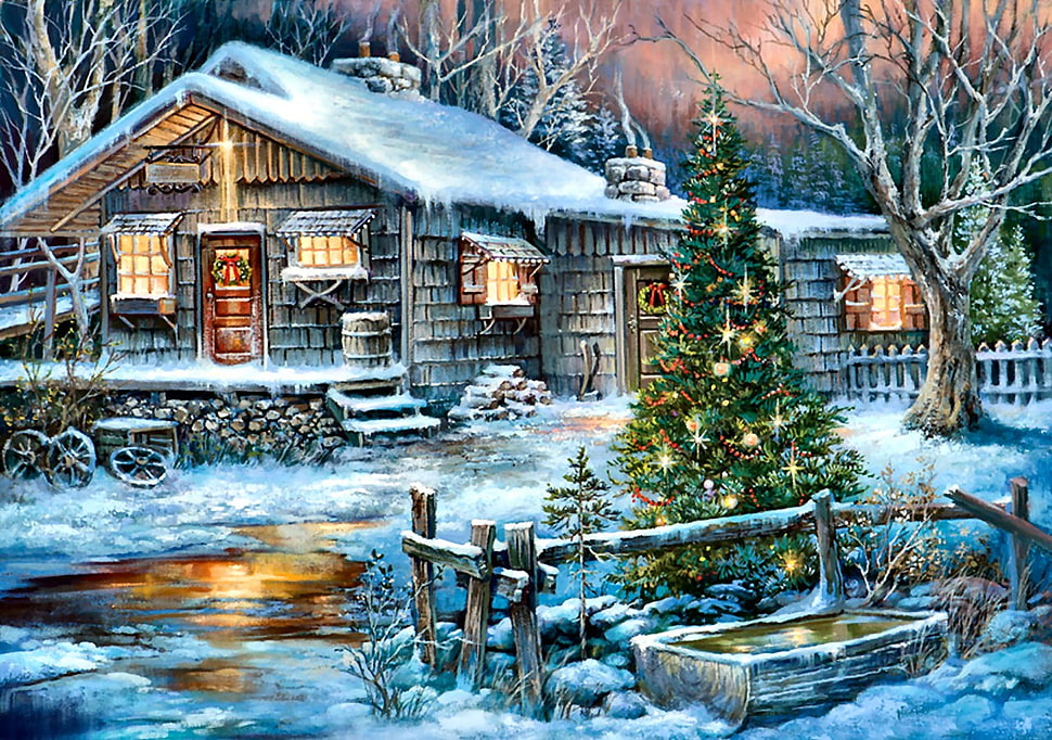 house covered snow beside Christmas tree HD wallpaper