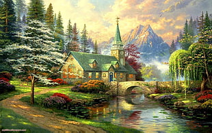 house near river with bridge painting, fantasy art, nature, bridge