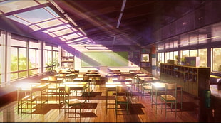 brown wooden table and chairs, classroom, Nerawareta Gakuen, anime