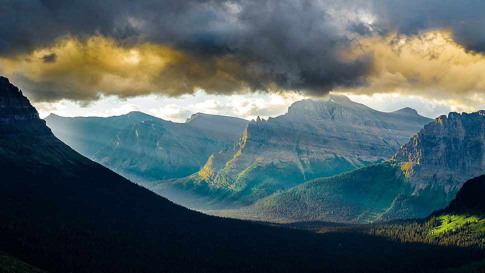 aerial photography of mountain at daytime, nature, mountains, sunlight, Glacier National Park HD wallpaper