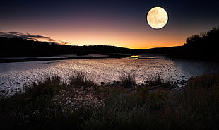 full moon digital wallpaper, landscape, nature, evening, river HD wallpaper