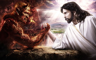 devil and Jesus arm wrestling illustration HD wallpaper