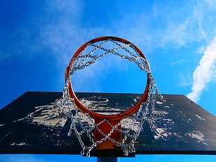 red and black basketball hoop, basketball, sky, worm's eye view, nets
