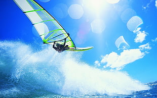 green and grey glider, surfing, waves, sport , sunlight HD wallpaper
