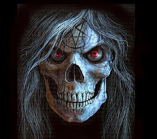skull with red eyes and gray hair illustration, skull, fantasy art