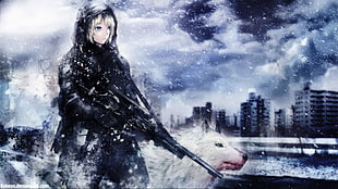 female soldier with white wolf digital wallpaper