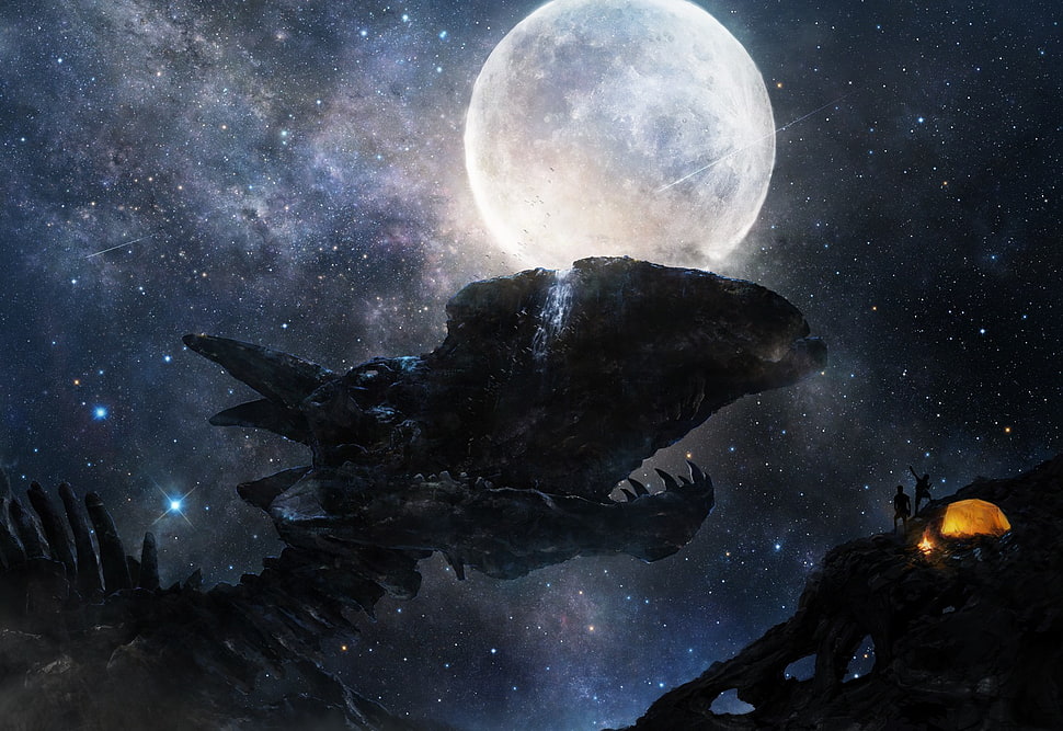 dinosaur skeleton under fullmoon HD wallpaper, Moon, fantasy art, sky, creature HD wallpaper