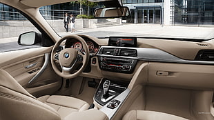 brown BMW car interior, BMW 3, car interior