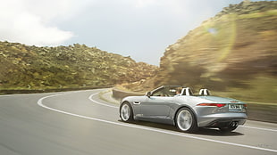 silver convertible, Jaguar F-Type, Jaguar (car), road, car