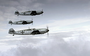 three Fock-Wulf Fw 190 planes, Messerschmitt, Messerschmitt Bf-109, World War II, Germany HD wallpaper
