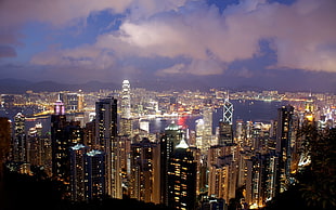 gray buldings, night, cityscape, Hong Kong