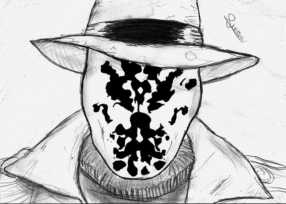 person wearing hat sketch, Rorschach, drawing, Watchmen, movies HD wallpaper