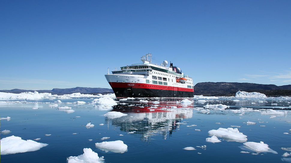 white and red cruise ship, ship, Greenland, sea, ice HD wallpaper