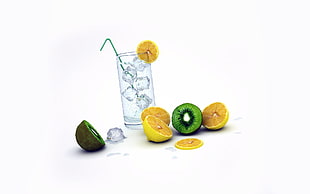 clear drinking glass, white background, kiwi (fruit), drinking glass, simple background