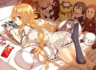female anime character lying on bed reading manga, Dies Irae, bed, school uniform, blonde