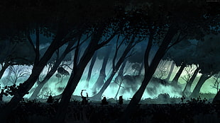 silhouette of goblins on forest illustration wallpaper