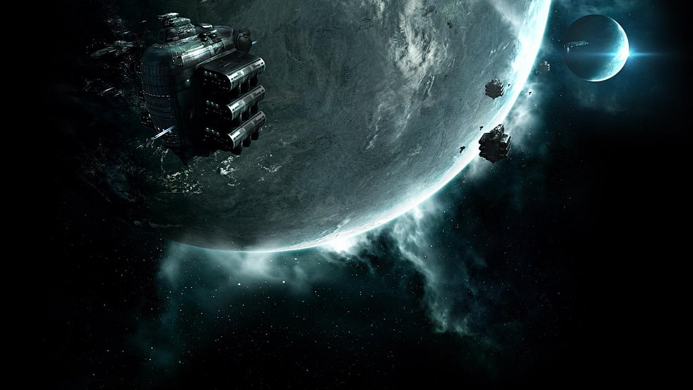 battleships on space near planet illustration, render, space, planet, Moon HD wallpaper