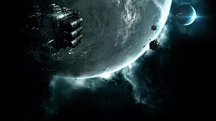 battleships on space near planet illustration, render, space, planet, Moon
