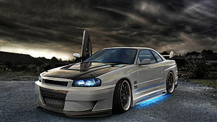 grey Nissan Skyline GT-R R34 coupe, car, Nissan, tuning, artwork HD wallpaper