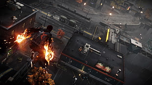 black and yellow industrial machine, Infamous: Second Son, fire, superhero, video games