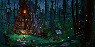 brown house digital art, illustration, artwork, forest