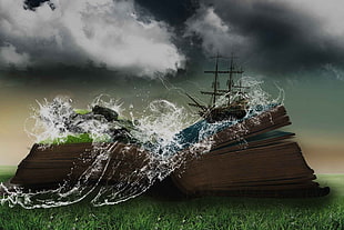 brown sailing ship illustration, fantasy art