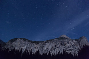 white rock mountain, stars, mountains, forest, night sky