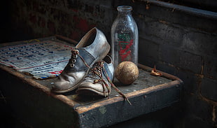 pair of brown leather lace-up shoes, old, shoes, baseball, bottles