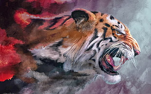brown and black tiger painting, tiger, artwork, animals, big cats HD wallpaper