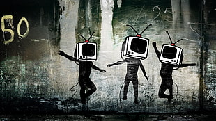 sketch of three person with television head, graffiti, photo manipulation
