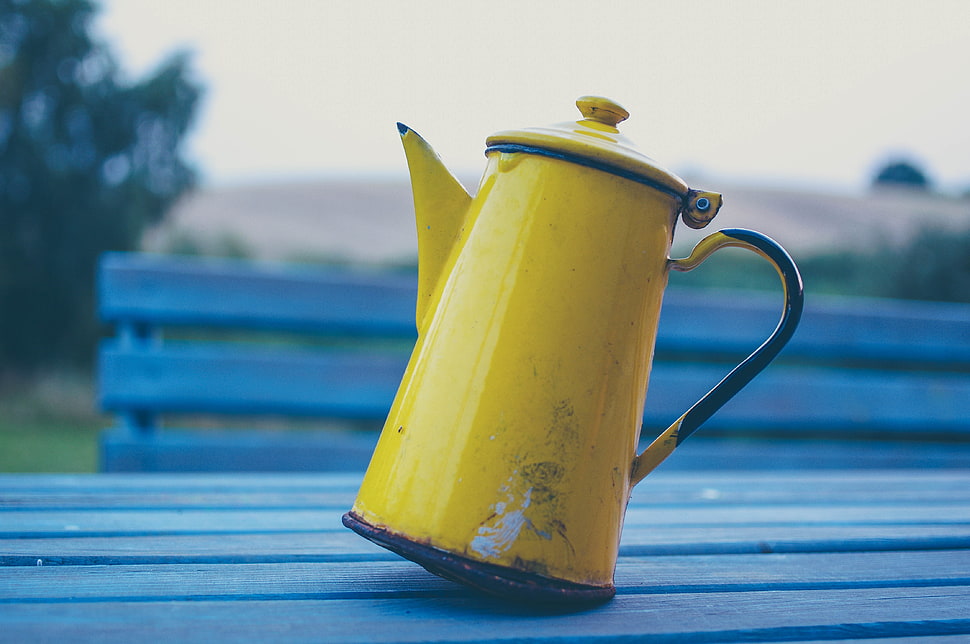 yellow teapot, Kettle, Yellow, Table HD wallpaper