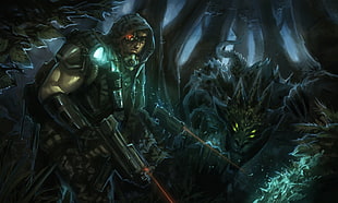 green and black game poster, artwork, fantasy art