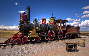 vintage red and black train, steam locomotive, vintage, train, railway