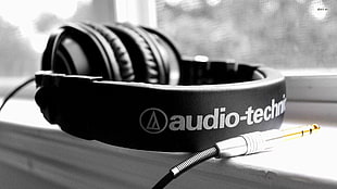 black Audio-Technic corded headphones, headphones, audio-technica, monochrome