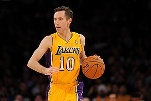 Los Angeles Lakers no. 10 player dribbling Spalding ball HD wallpaper