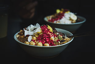 two white bowls, Salad, Nuts, Berries HD wallpaper